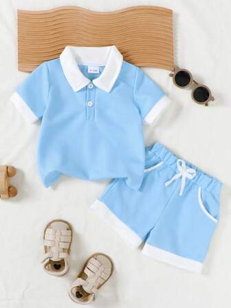 Summer Casual Baby Boys Navy Patchwork Collar Pocket Tee & Shorts 2 Pieces Outfit, Cute Daily Set