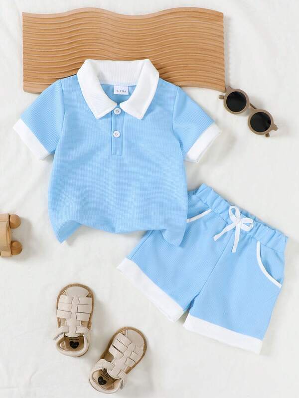 Summer Casual Baby Boys Navy Patchwork Collar Pocket Tee & Shorts 2 Pieces Outfit, Cute Daily Set