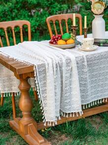 1 Pc Solid Color Four Leaf Clover Tassel Tablecloth, Rectangular Hollow Atmosphere Table Cloth, Suitable For Wedding, Holiday Gathering, Daily Home Use And Other Table Decor Textile