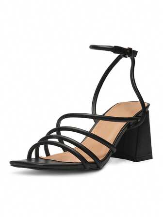 Women's Heeled Sandals With Buckle Strap In Black Polyurethane - Size US 5-10 / UK 3-8 / EU 36-41 - Ladies Stylish Block Heel Summer Shoes For Casual, Party, Wedding & Formal Occasions - Comfortable And Durable Fashion Footwear