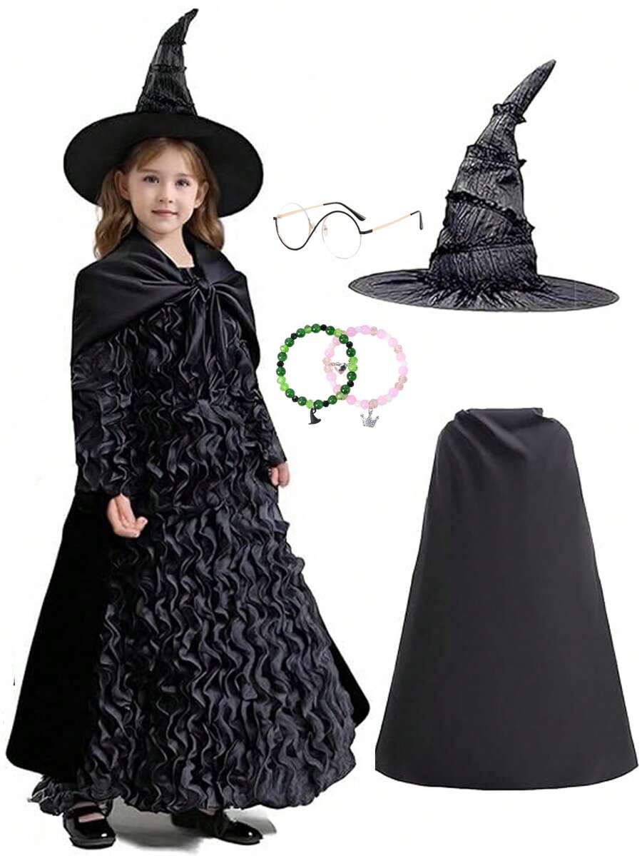 儿童女巫黑色荷叶边连衣裙斗篷尖顶帽眼镜手镯套装儿童花式万圣节狂欢角色扮演女巫服装女童生日派对装扮礼物