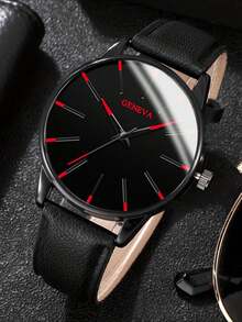 4 Piece Men's Quartz Watch Set With Black Round Dial, Bracelet, Necklace, Ring - Fashion Zinc Alloy Jewelry Set,Suitable For Daily Wear - Debossed Belt Set - View 4