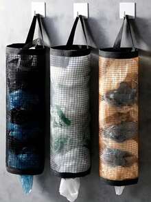 1pc Hanging Garbage Bag Holder, Foldable Breathable Mesh Hanging Plastic Bag Dispenser, Garbage Bag Organizer, Household Kitchen Accessory, Wall Mounted Trash Bag Holder (Random Color & Style) - Black - View 9