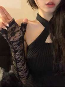 Elegant Women's Fingerless Lace Gloves - Sexy & Breathable Elbow-Length Arm Warmers For Summer Events, Performances & Parties | Delicate Floral Lace Design | Sun-Protective & Fashionable Accessory