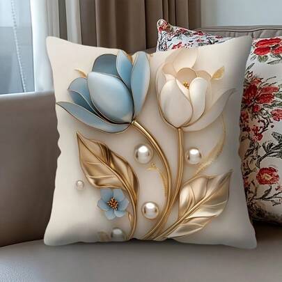 1 pieza Funda de almohada con estampado elegante de tulipanes en 2D - Sin relieve 3D, tela de poliéster suave y ligera, diseño con cremallera, patrón floral azul y dorado, adecuado para la decoración de la sala de estar o el dormitorio, tamaño 44,96 cm, decoración de la sala de estar | Decoración elegante para el hogar | Funda de almohada de poliéster, impresión plana 2D, decoración de dormitorio, ropa de cama escolar