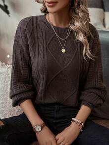 Women's Casual Commuter Crew Neck Long Sleeve Patterned Knitted Loose Sweaters (Random Pattern), Autumn/Winter - Chocolate Brown - View 1