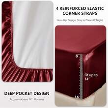 New-  Satin Sheets Full Size - 4 Piece Burgundy Bed Sheet T  Silky Microfiber, 1 Deep Pocket Fitted Sheet, 1 Flat Sheet, And 2 Pillowcas - Ooth And Soft - 勃根地酒紅 - 查看 4