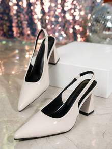 Women's Pointed Toe Mule High Heel Sandals, Patent Leather Closed Toe Thick Strap Single Strap Sandals, Spring & Summer New Style Thin Strap Backless Sandals - Beige - View 5