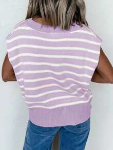 CILKOO Striped Side Slit Round Neck Short Sleeve Sweater T-Shirt - Mauve Purple - View 3