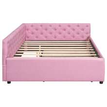 Merax Full XL Size Daybed, Linen Upholstered Corner Bed With Twin XL Trundle, Tufted Button Platform Bed, Solid Wood Bed Frame, No Box Spring Needed, Pink - Full XL-Pink - View 8