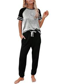 AUTOMET Lounge Sets Women Two Piece Outfits Loungewear Short Sleeve Crewneck Jogger Pajama Set Sweatpants Tracksuit - Black & Grey - View 1