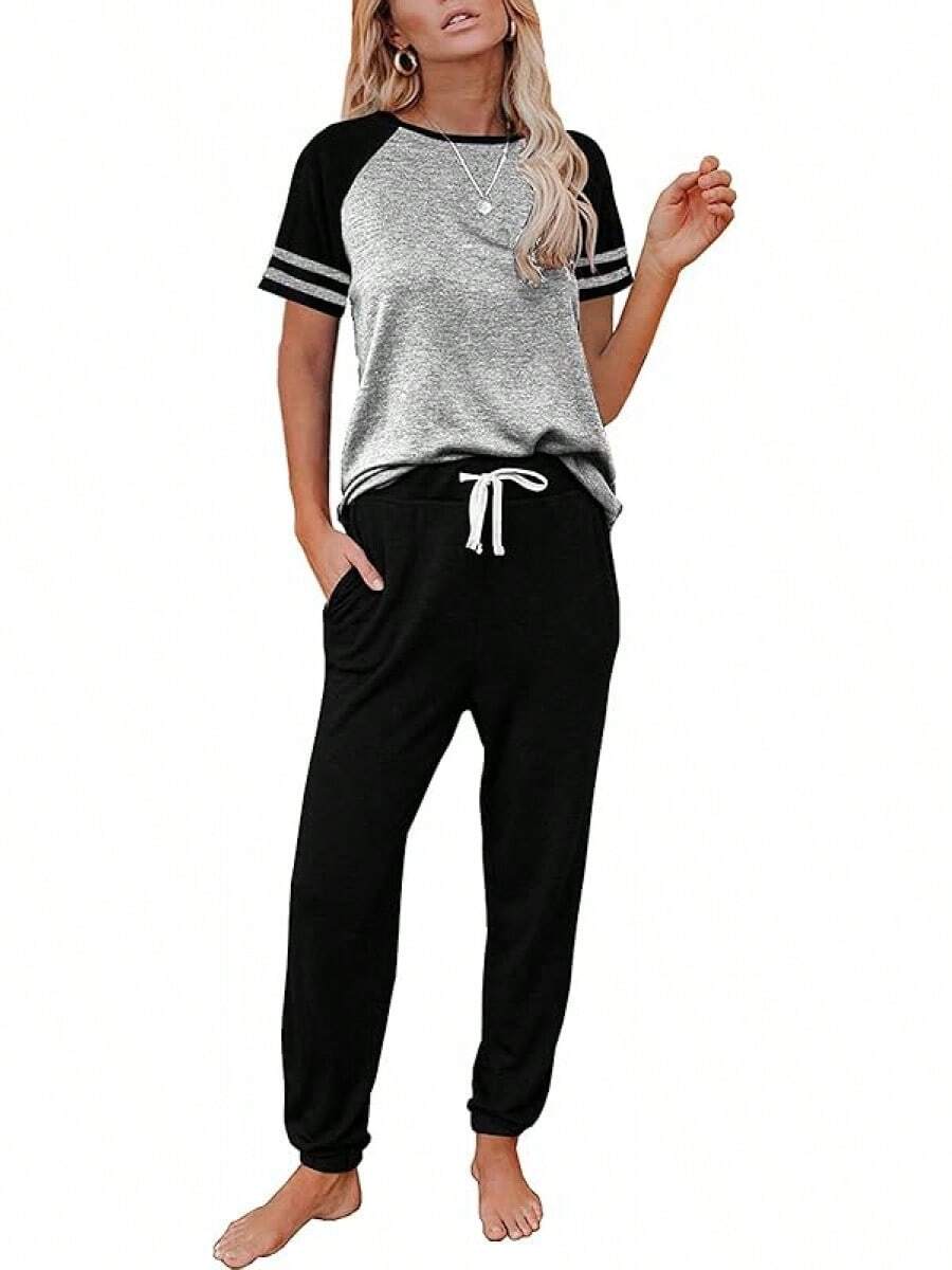 AUTOMET Lounge Sets Women Two Piece Outfits Loungewear Short Sleeve Crewneck Jogger Pajama Set Sweatpants Tracksuit - Black & Grey - View 1