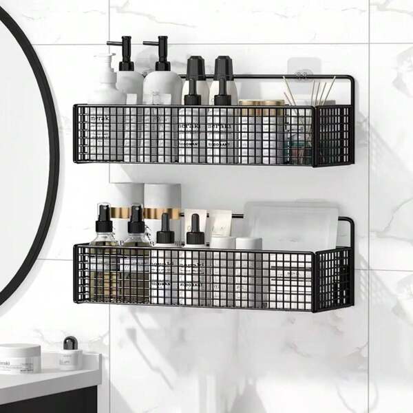 1 pieza Estantería de baño montada en la pared, estante colgante de baño sin perforaciones, cesta de almacenamiento multiusos, organizador de soporte para champú y gel de ducha, accesorios de baño, almacenamiento y organización de baño