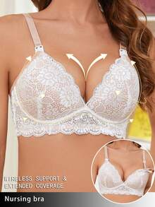 Temptuelle Sujetador de lactancia elegante de unicolor con encaje y botón a presión para maternidad - Blanco - Ver 5