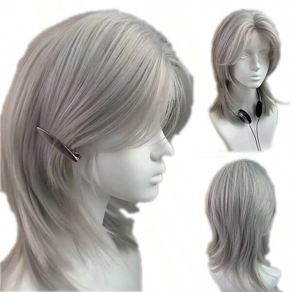 Lolita Perücke mit Pony, geschichtete lockige, zerzauste kurze Perücke in silbergrau, fluffige synthetische Haar Perücke geeignet für Männer & Frauen, für den täglichen Gebrauch