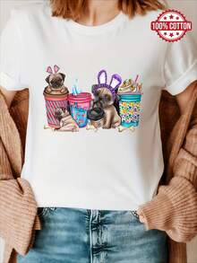 100% Cotton T-shirt|Shipped from Mexico|High-quality breathable fabric|Women's black and white loose short-sleeve printed cotton Pug Puppies In Coffee Cups Design |Machine Washable|Sport Round Neck Casual Top|Comfortable Trendy Fashion| - Blanco - Ver 1