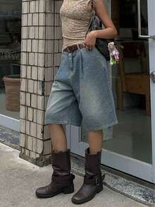 高街复古褶皱短裤女款，宽松直筒牛仔短裤（无腰带），春夏款 - 藍色 - 查看 4