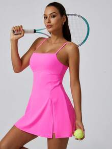 NcmRyu 1件套女士时尚防闪烁衬里不对称下摆运动连衣裙 - 粉色 - 查看 1