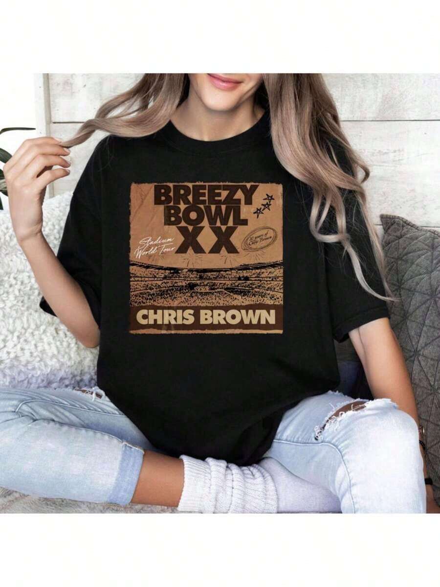 Camiseta divertida Breezy Bowl XX Concert Shirt, Chris Shirt, Chris Merch Shirt, Breezy Concert Souvenir camiseta, Cb 2025 Tour Shirt Tops de verano para adolescentes, Camisetas gráficas oversized de manga corta para mujeres - Negro - Ver 1