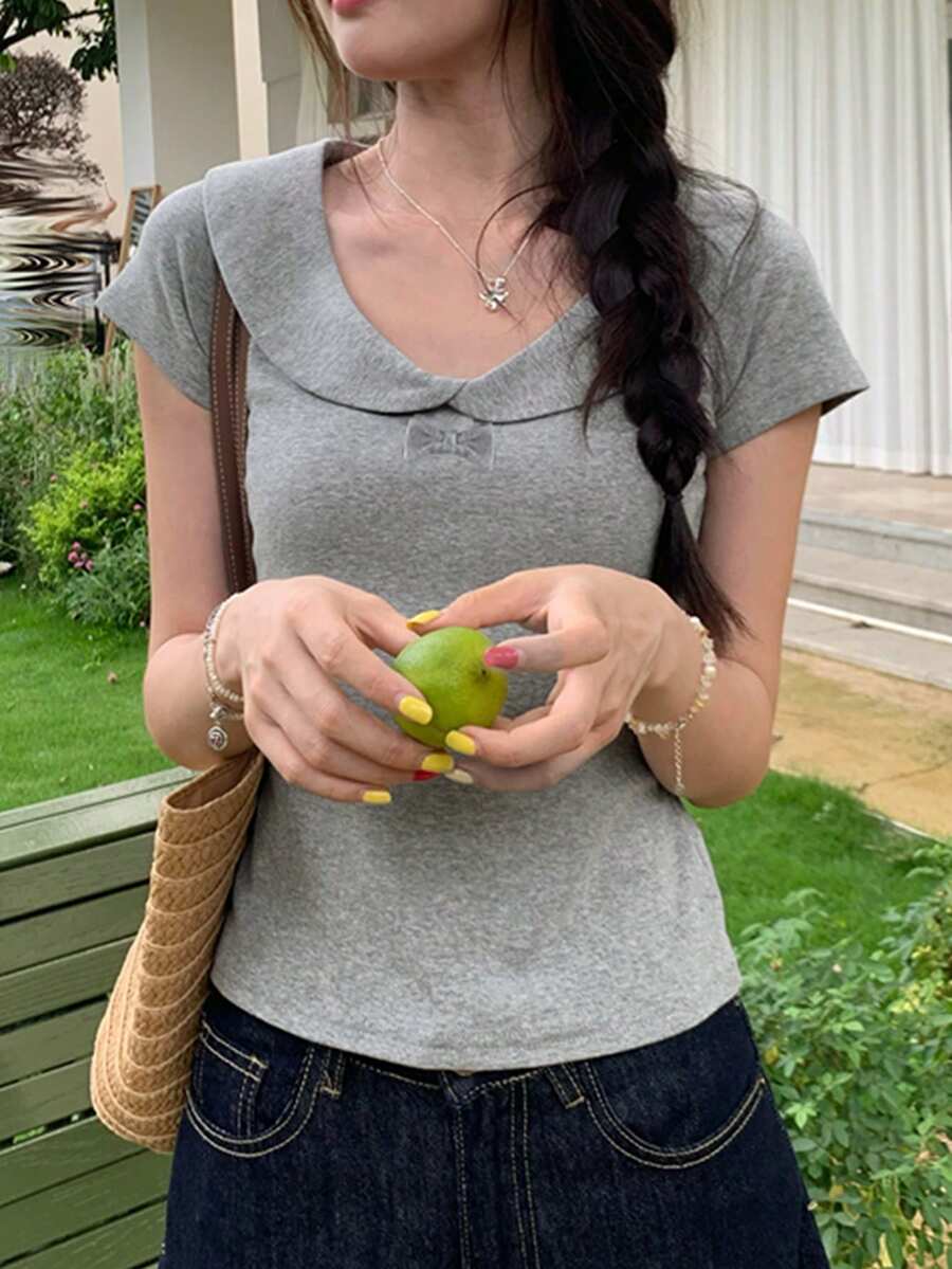 Yellow Short Sleeve Peter Pan Collar Fitted Solid Color Cropped Top For Women, Summer, Versatile Casual Spring - Grey - View 1