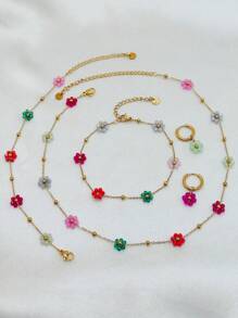 Daisy Flower Bracelet Necklace Anklet Earrings Set, Suitable For Women Spring/Summer Outfits