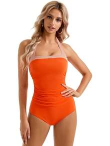 Women Sexy Tummy Control One Piece Swimsuit Halter Retro Bathing Suit - 68 Orange - View 2