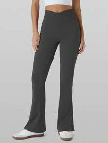 RUNONWHEELS 5 女士高腰瑜伽裤，收腹提臀，喇叭裤腿 - 深灰色 - 查看 3