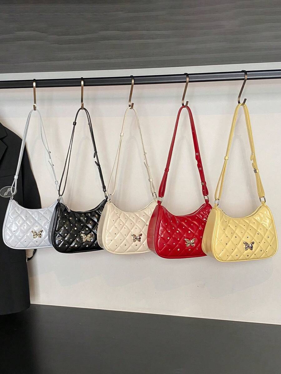 1 Pc New Pu Material Girl's Diamond-Shaped Butterfly Rhinestone Decorated Solid Color Shoulder Bag, With Adjustable Shoulder Strap And Smooth Zipper Opening And Closing, Fashionable, Exquisite, Simple And Beautiful, Suitable For Daily Shopping, Commuting And Vacation - A - View 1