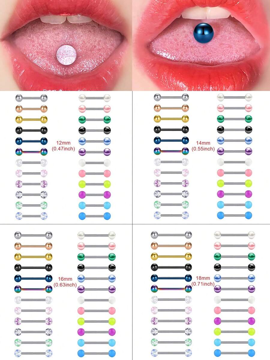 24Pcs Color Balls Multi Style Balls Tongue Rings Nipple Rings Stainless Steel 14G Straight Barbells Piercing Jewelry 12mm, 14mm, 16mm, 18mm - Silver - View 1