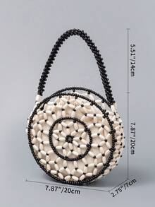 ENSPT Ein Stück braune, gefranste Beutelhandtasche, mit Kordelzug verschlossener gewebter Tasche mit Gras-Muster, Strandtasche für den Urlaub, eine runde Tasche aus kontrastierendem Ahornholz-Material mit abnehmbarer Innentasche, geeignet für Damen am Strand und im Resort, Perlenhandtasche, passend für Damen auf Strand- und Resort-Reisen