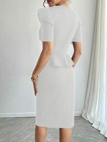 Dresses For Women 2025 Vintage Business Casual Work Office Proffessional Pencil Empire Waist Short Sleeve V-Neck Interview Teacher Sheath Peplum Dress Hide Tummy - 白色 - 查看 2