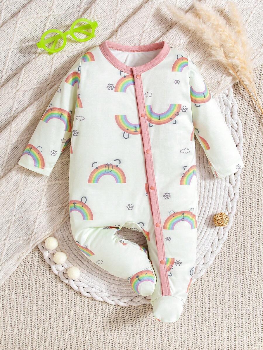 1pc Baby Girl Rainbow Print Soft & Comfortable Long Sleeve Snap-Up Front Footie, Suitable For Newborn To 9 Months Daily Wear - Green - View 1