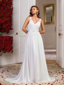 Vestido de Noiva Sem Mangas com Renda de Cor Sólida, Contraste de Tule Bordado