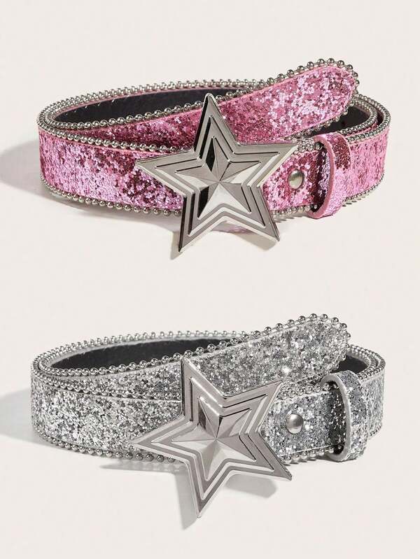 1-2 piezas Hebilla de presión con diseño de estrella, cinturón de lujo con decoración de strass para niños, cinturón con brillo estilo Y2K perforado, cinturón para niños y niñas, opción ideal para regalos
