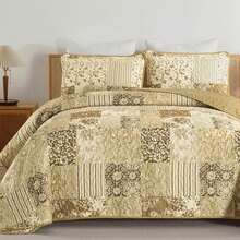 3 Pieces Floral Plaid Khaki/Yellow/Blue Queen King California King Size Reversible Bedspread Coverlet Set For Wedding Items,Valentines Day Home Bed Room Decor,Mothers Day Gift,All Season ,Soft Microfiber Bedding Set Pillowcase - màu nâu - Xem 3