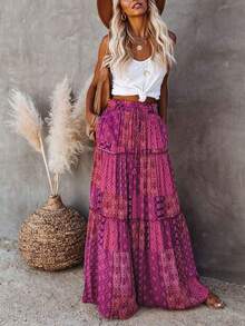 Women's New Bohemian Style High Waist Skirt, Loose Casual Elegant Color Block Floral Print Patchwork Lace Hem Skirt, Spring/Summer - Màu đỏ tím - Xem 1