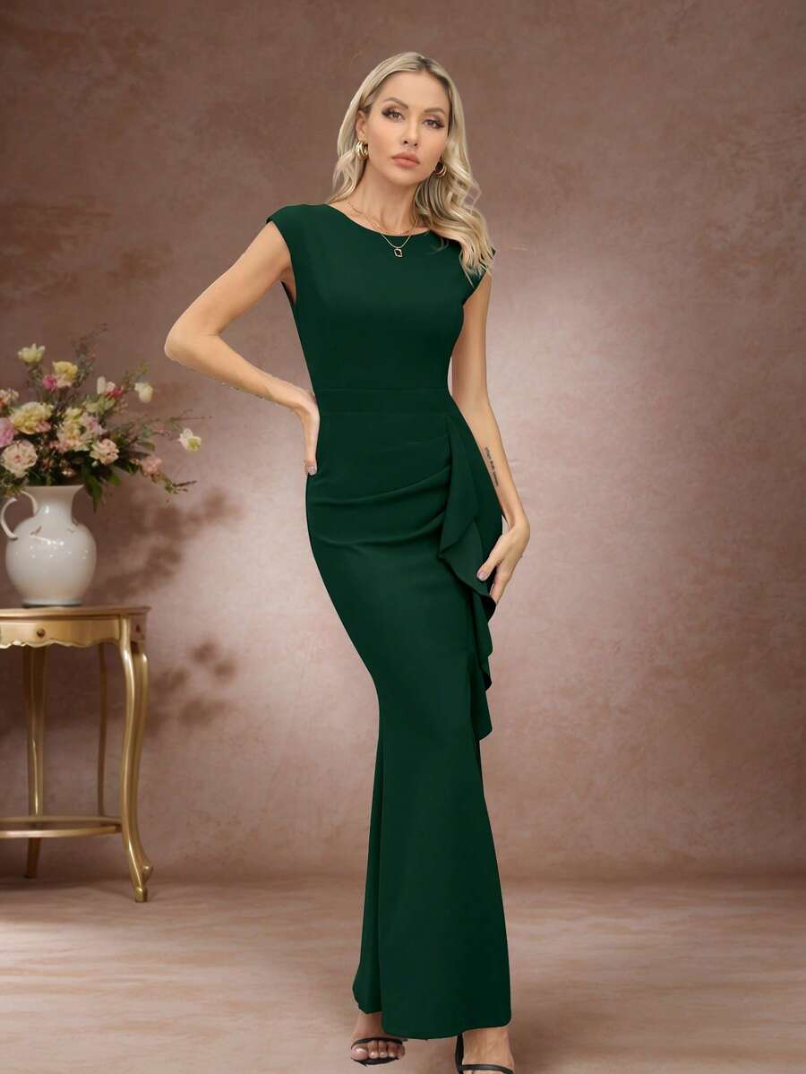 Missufe Women's Dark Green Boat Collar Cap Sleeve Ruffle Slit Mermaid Bodycon Wedding Ball Gown Maxi Evening Dresses Cocktail Festive Elegant Charm Fishtail Dress, Party Dress - 墨綠色 - 查看 1