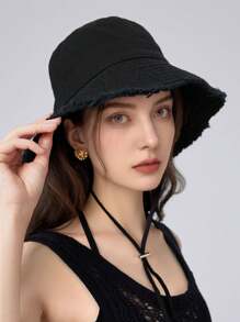 1pc Women's Spring Summer Autumn Solid Color Fringe Drawstring Bucket Hat, Large Brim For Sun Protection, Adjustable Headband, Fashion Accessory