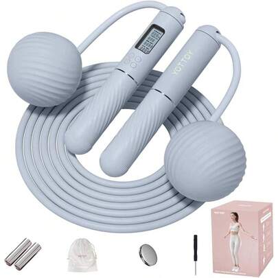 Cuerdas de saltar para adultos - Cuerda de saltar inalámbrica con contador y bola grande con peso - Cuerda de saltar para mujeres con pantalla LCD