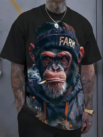 3D 数码吸烟大猩猩印花男式 T 恤，休闲舒适圆领短袖套头衫，适合夏季户外活动