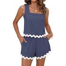 Womens Two Piece Sets Vacation Outfits Cruise Beach Summer Resort Wear Shorts Matching Sets 2025 Clothes Womenswear Suits Casual Sleeveless - Navy Blue - View 2