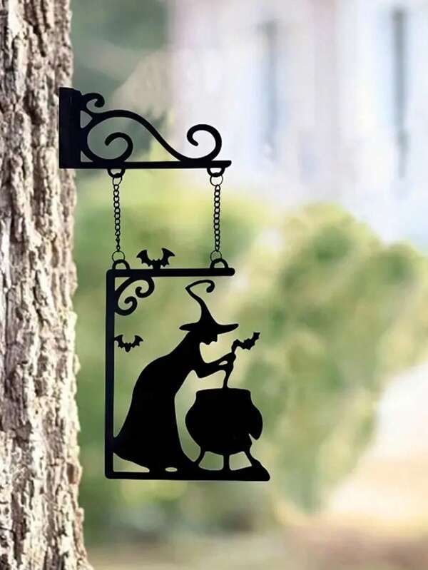 Halloween Witch Cauldron Silhouette Metal Hanging Decor, Witch Statue Door Frame Decoration, Wall Artwork Home Decor, Suitable For Garden Party, Perfect Halloween Decorative Sign, For Porch And Living Room, No Power Needed, Ghost Themed Doorhanger