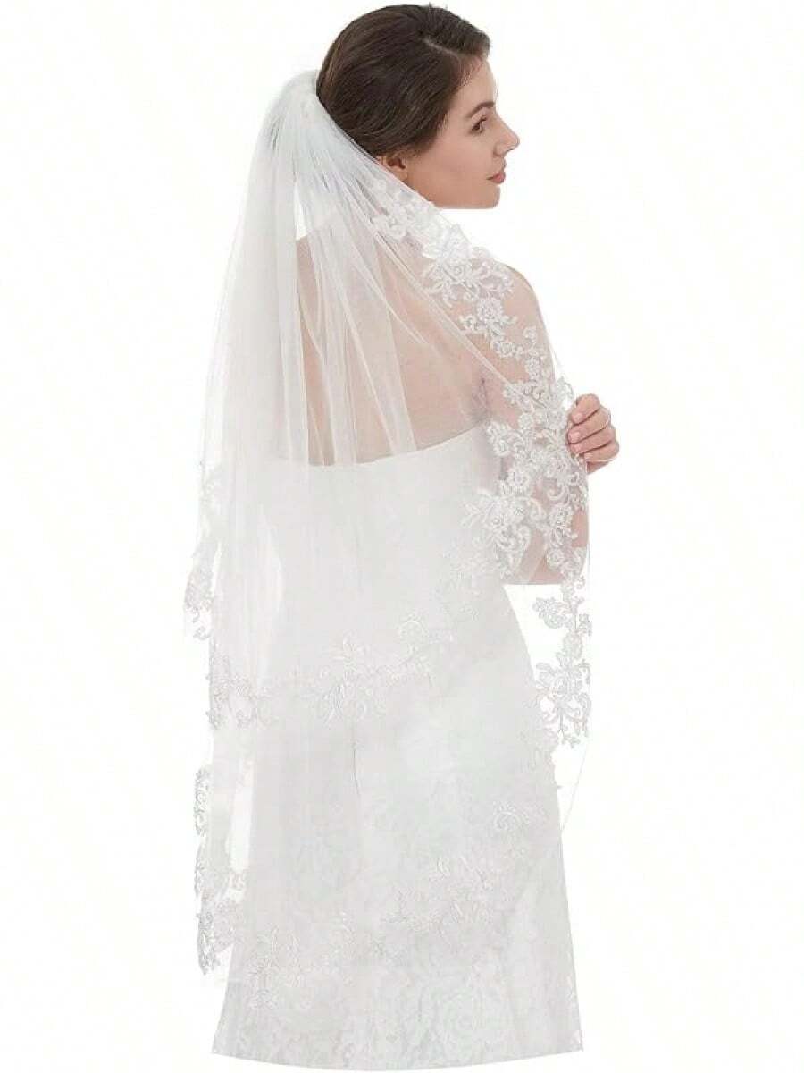 Short Wedding Veil With Comb - 2 Tier Bridal Veil, 24" Length Tulle Bride Accessories For Women - Ngà 2 & Có ngọc trai - Xem 1
