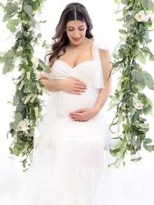 Maternity Mesh Ruffled Hem V Neck Dress For Baby Shower Photoshoot Maxi Gown - White - View 4