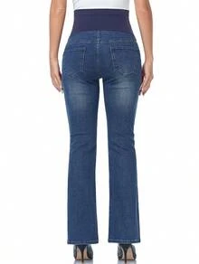 Women's Stretch Maternity Bootcut Jeans With Pockets Over The Belly Bell Bottoms Flare Denim Pants Pregnancy Clothes - 深藍色 - 查看 2