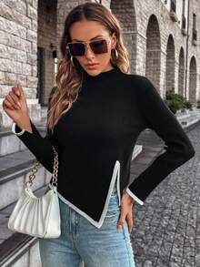 Áo thun nữ dệt kim kiểu dáng thường ngày, cổ cao phối màu, tay dài, dáng suông, có gân, thích hợp cho mùa xuân và mùa thu, họa tiết ngẫu nhiên, trang phục mùa thu cho mùa tựu trường. - màu đen - Xem 4