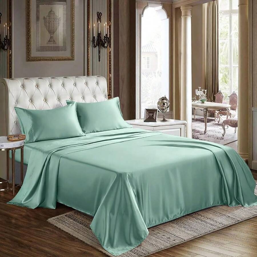 New- Satin Sheets Queen Size - 4 Piece Aqua Bed Sheet T Silky Microfiber, 1 Deep Pocket Fitted Sheet, 1 Flat Sheet, And 2 Pillowcas - Ooth And Soft - 水之女王 - 查看 1