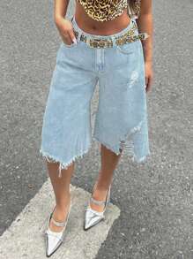 Women's Distressed Asymmetrical Hem Denim Capri Pants