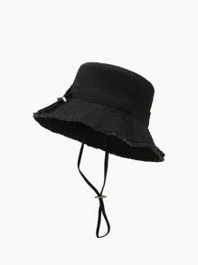 1pc Women's Spring Summer Autumn Solid Color Fringe Drawstring Bucket Hat, Large Brim For Sun Protection, Adjustable Headband, Fashion Accessory