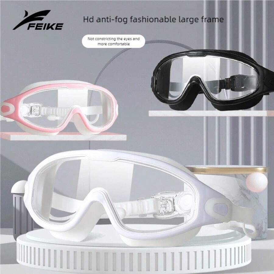 1pc Unisex Adult Waterproof Anti-Fog Swimming Goggles With Ear Plugs, Professional Large Frame Swim Glasses